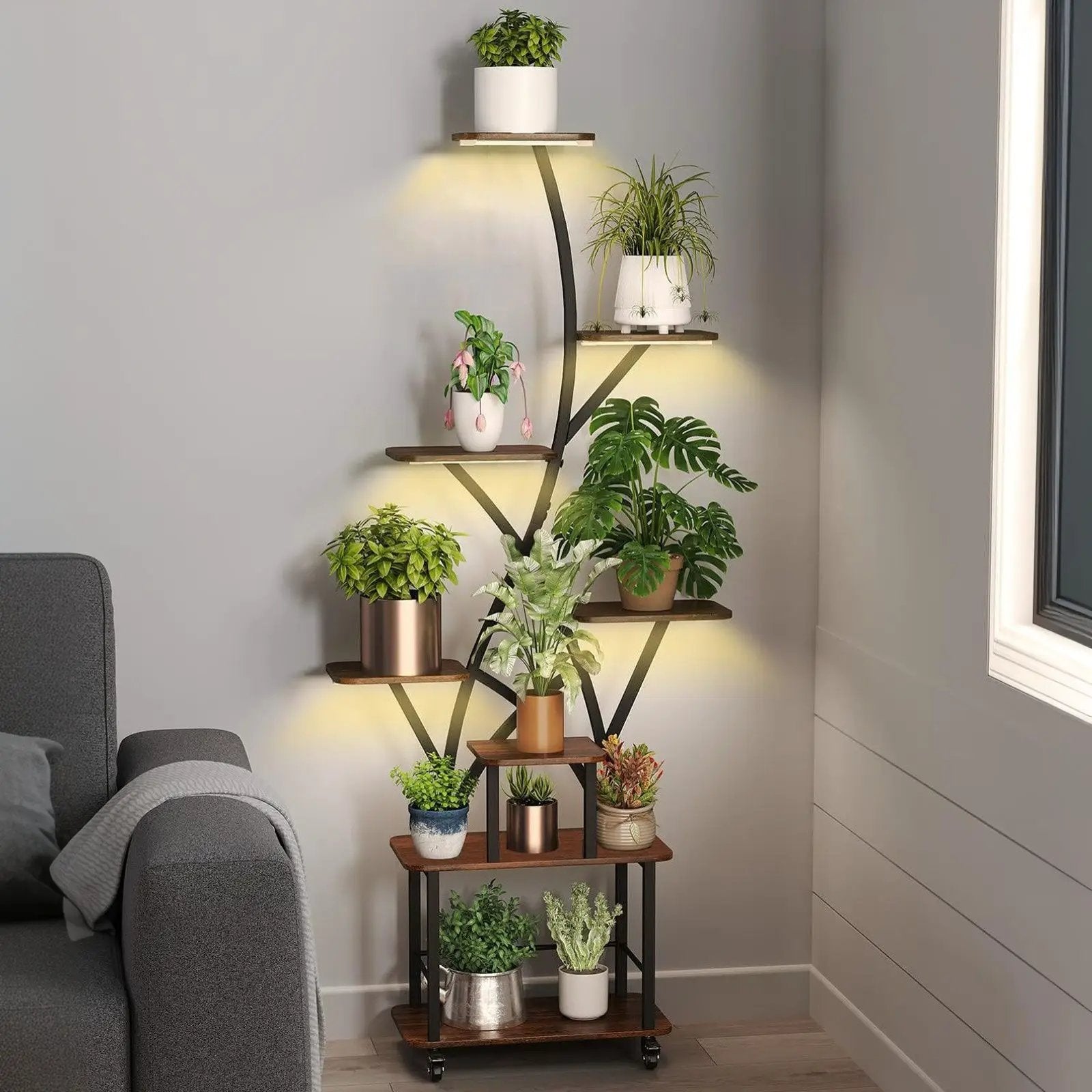 Plant Stand Indoor With Grow Light, 8 Tiered Tall Indoor Plant Shelves For Multiple Plants - Walnut / Black by Unique Piece Furniture