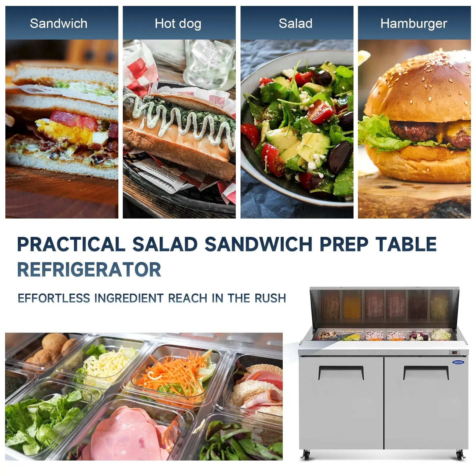 48" Width Commercial Refrigerators Sandwich & Salad Prep Table with a Butcher Block Cutting Board by Chery Industrial