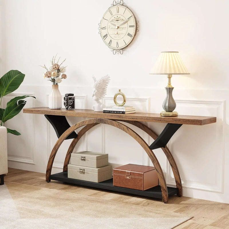 Console Table With 2 Tier Storage And Half Moon Frame For Hallway - Brown / Black by HouseOfZazla