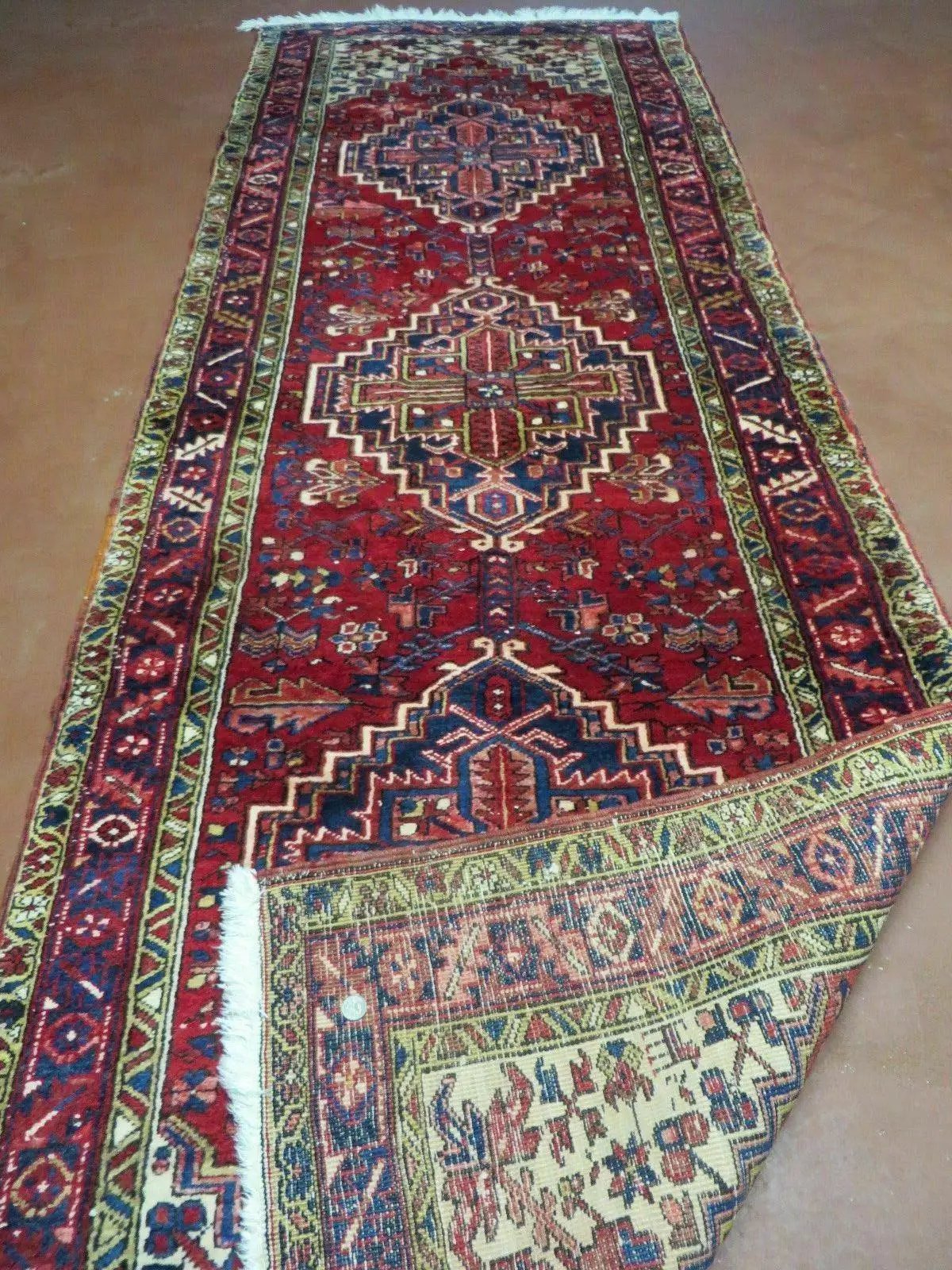 Persian Runner Rug, Heriz Runner Rug, Geometric Medallions, Red Cream Navy Blue Wool Hallway Rug 3.9 x 10.8 Antique Oriental Runner Handmade by Jewel Rugs