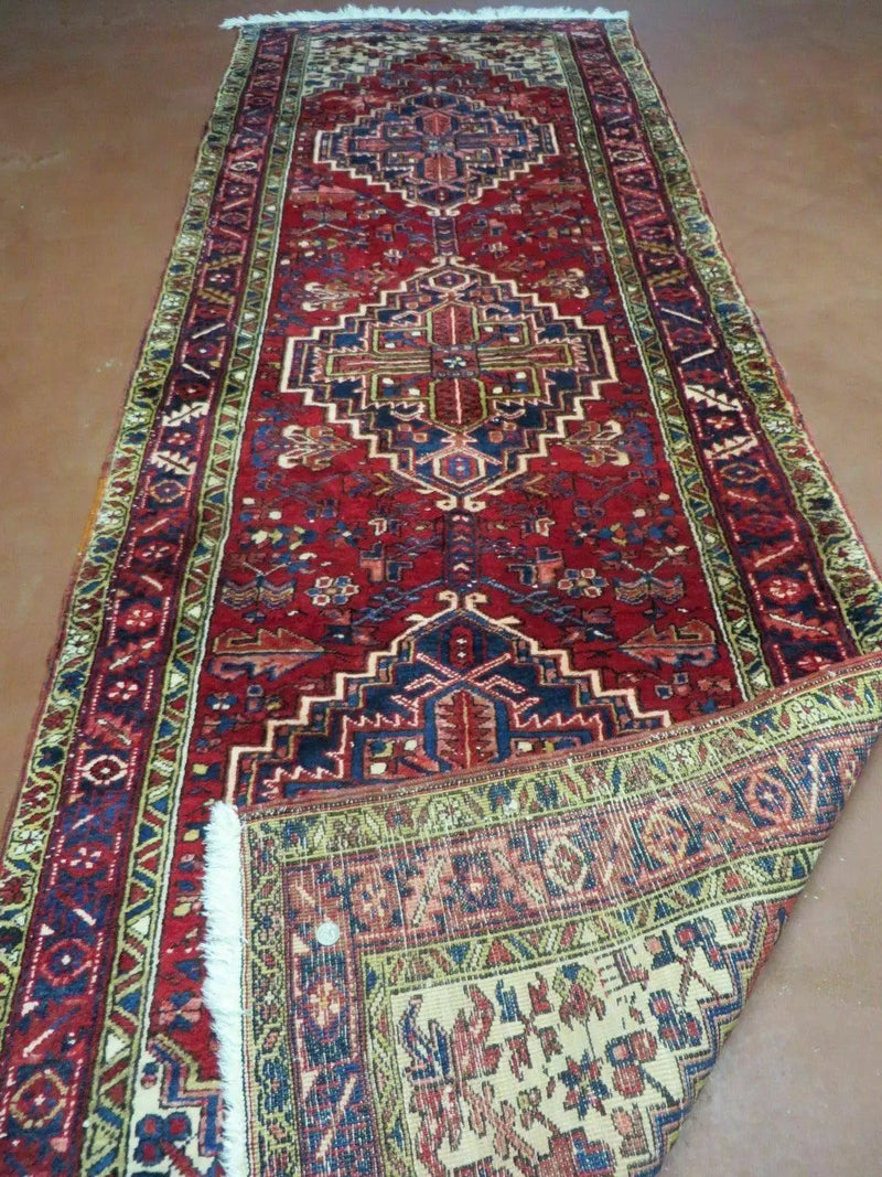 Persian Runner Rug, Heriz Runner Rug, Geometric Medallions, Red Cream Navy Blue Wool Hallway Rug 3.9 x 10.8 Antique Oriental Runner Handmade by Jewel Rugs