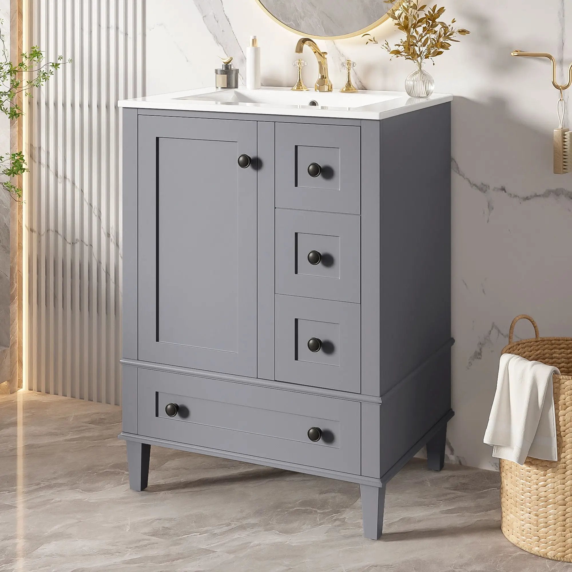 Bathroom Vanity With Integrated Basin, Soft Close Drawers, Door Mounted Double Layer Shelf by HouseOfZazla