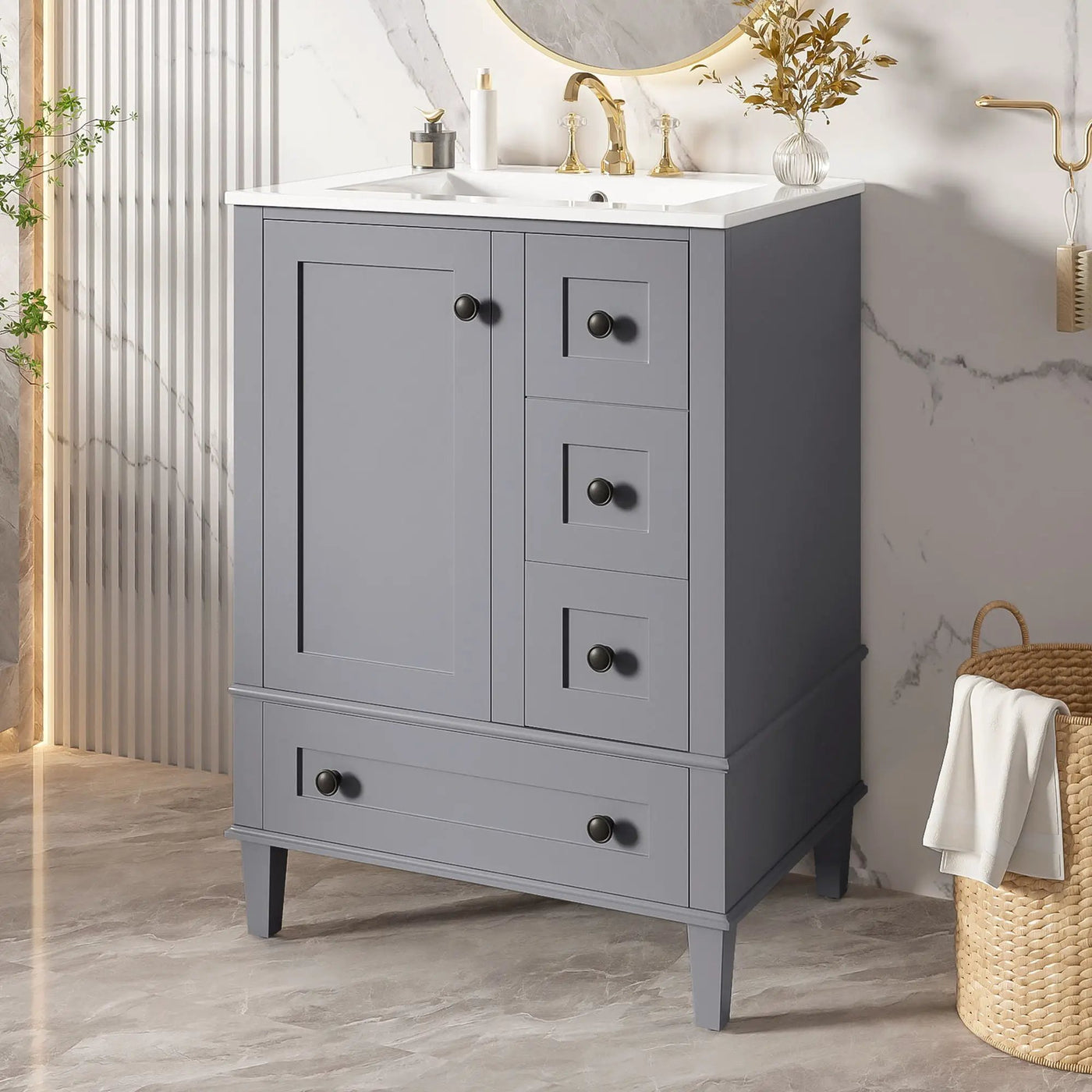 Bathroom Vanity With Integrated Basin, Soft Close Drawers, Door Mounted Double Layer Shelf by Unique Piece Furniture
