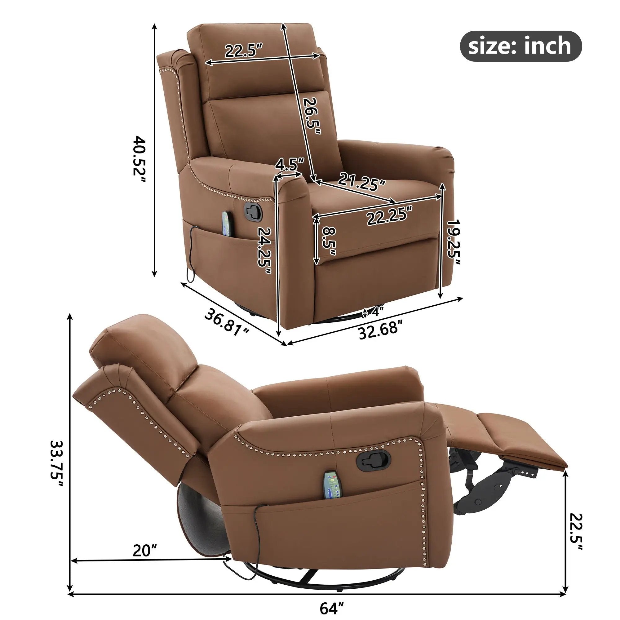 Manual Recliner Swivel Rocking Chair With 8-Point Massage and Heating by HouseOfZazla