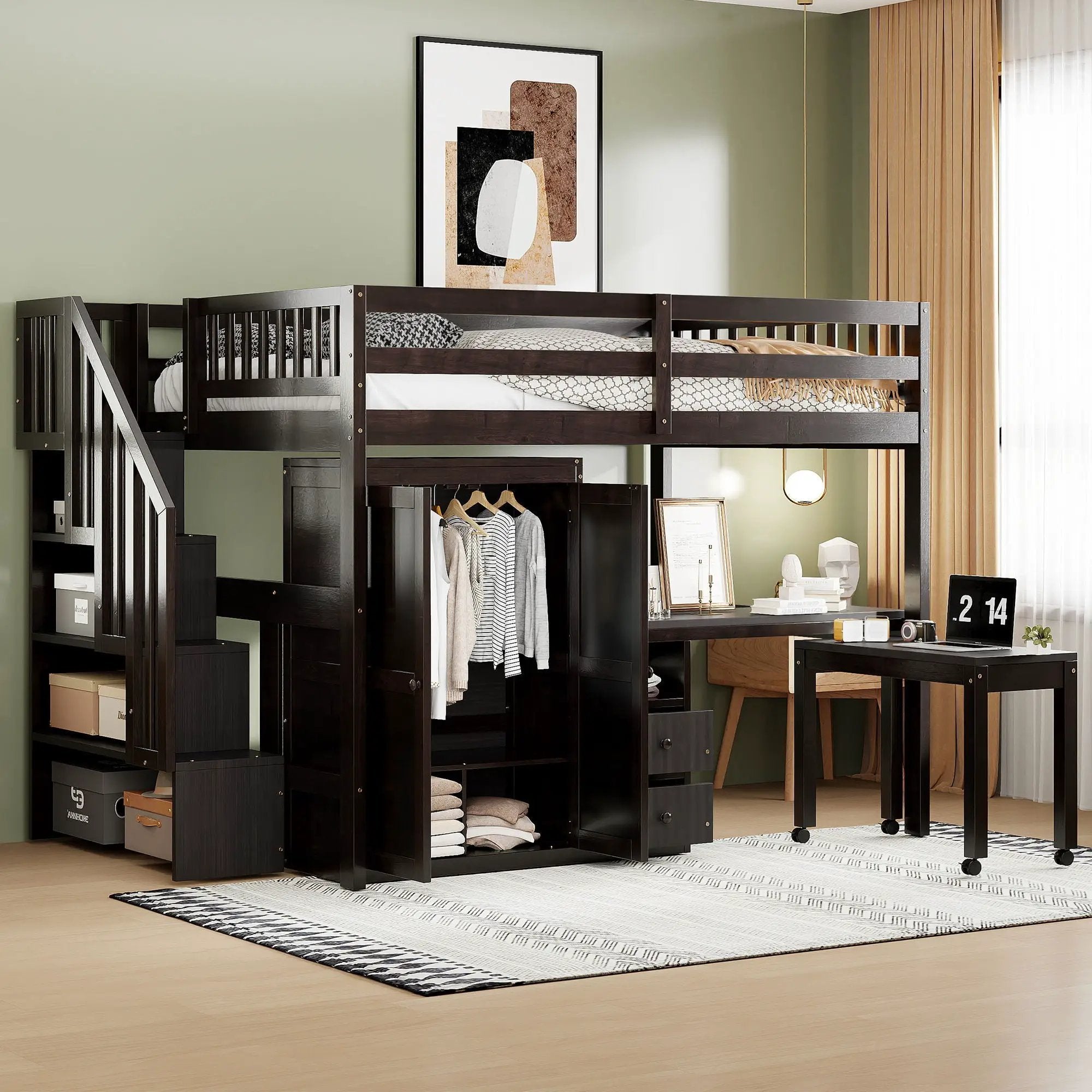 Loft Bed With Stairs, Bookshelf, Drawers, Desk & Wardrobe, Space Saving Multifunctional Furniture by Unique Piece Furniture