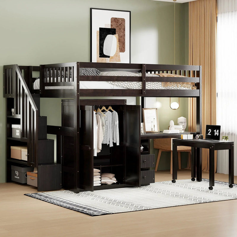 Loft Bed With Stairs, Bookshelf, Drawers, Desk & Wardrobe, Space Saving Multifunctional Furniture by HouseOfZazla