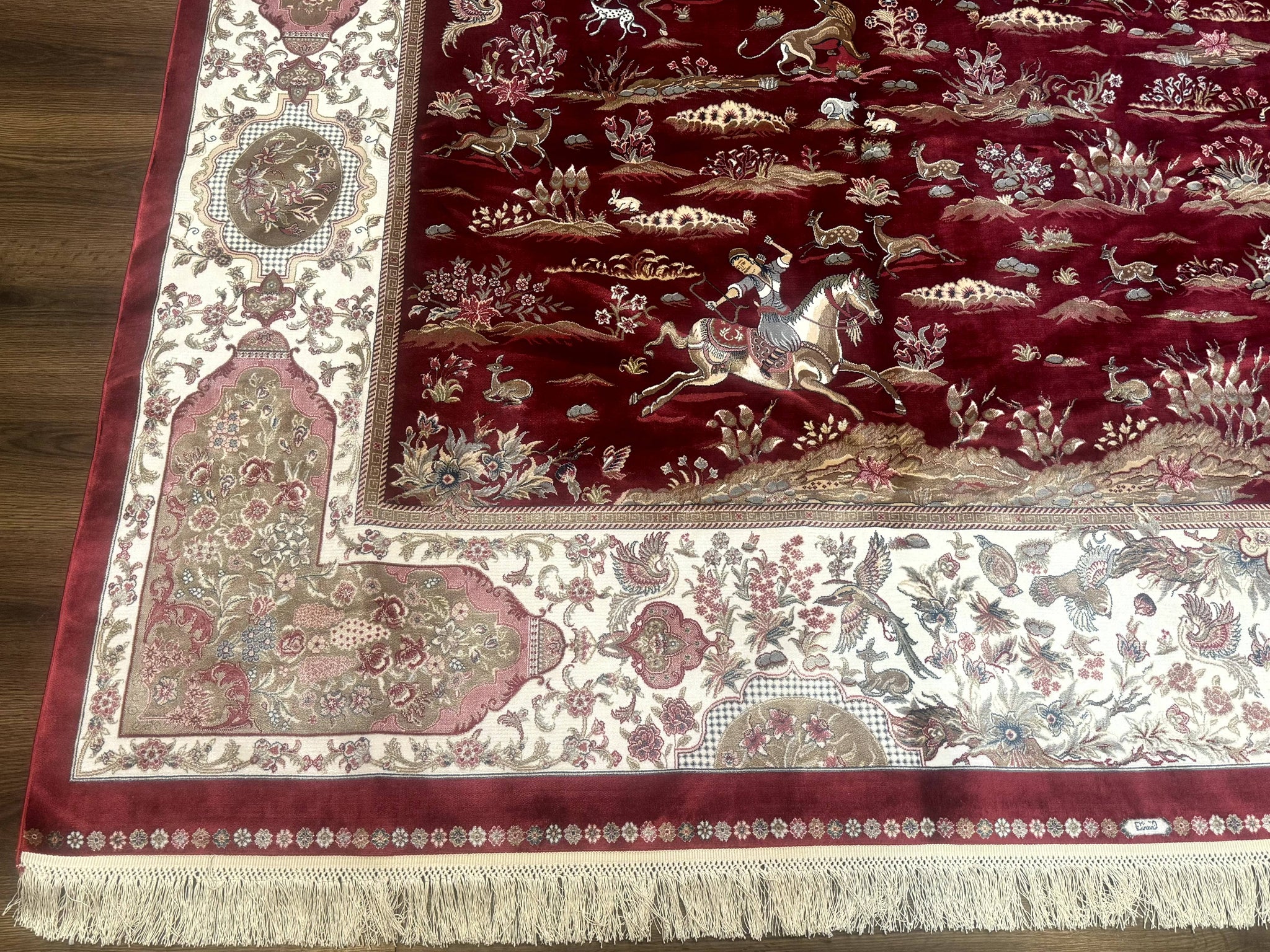 Turkish Silk Rug 8x10, Red & Ivory, Hunting Design, Bamboo Silk, New by Jewel Rugs