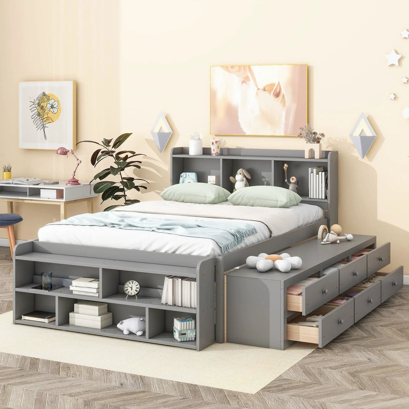 Bed With Bookcase Headboard, Under Bed Storage Drawers And Bed End Storage Case by Unique Piece Furniture