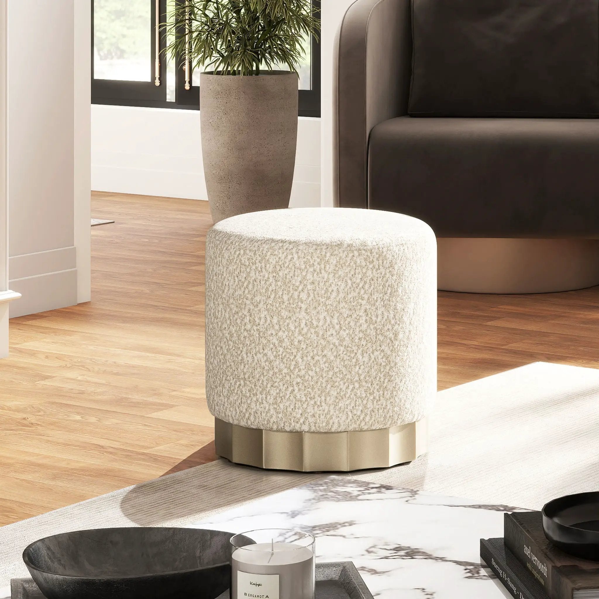 Hampton - Round Upholstered Ottoman With Scalloped Base - Speckled Egg Beige by Unique Piece Furniture