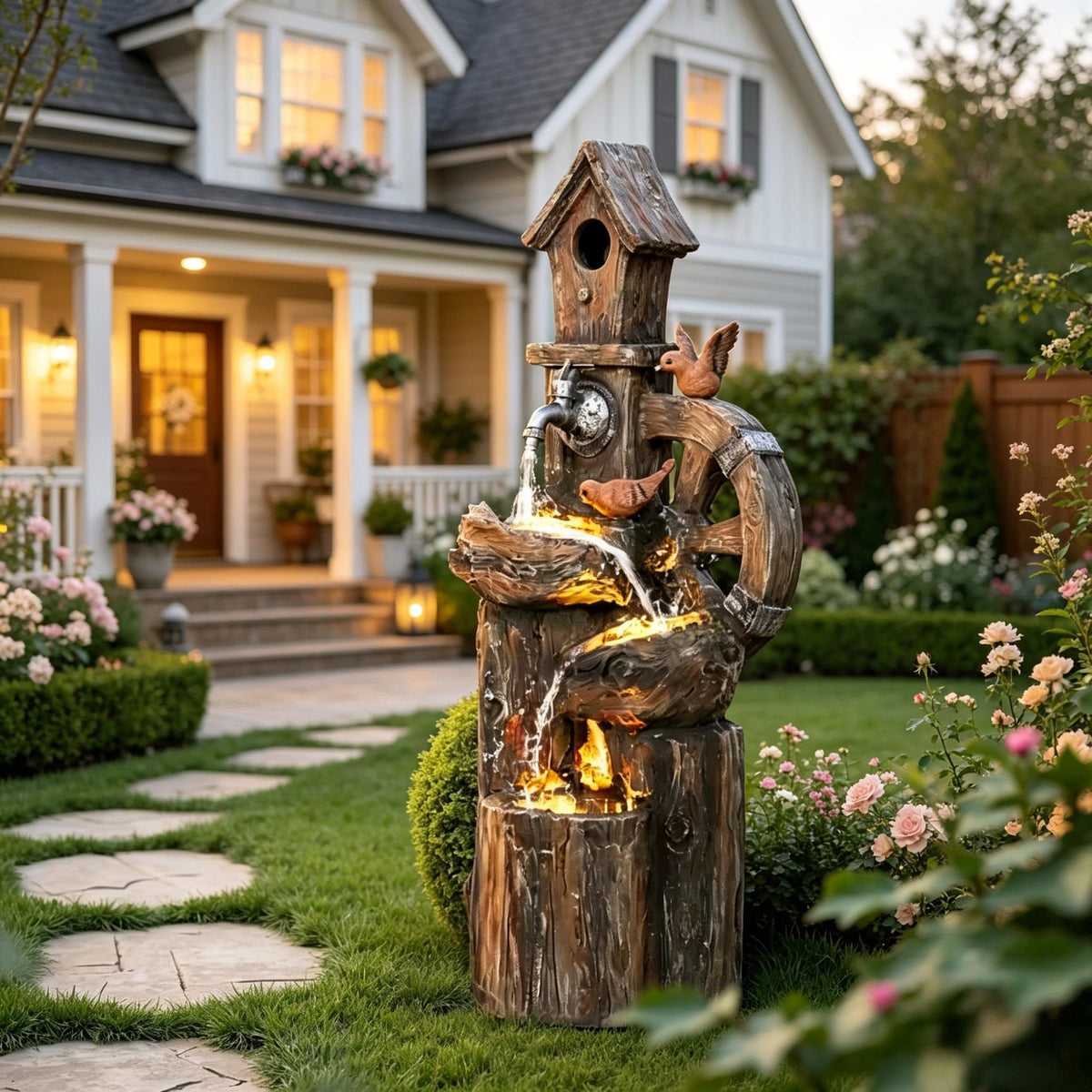 Resin Rustic Outdoor Fountain Birdhouse and Iron Tap, photo 7 of 9