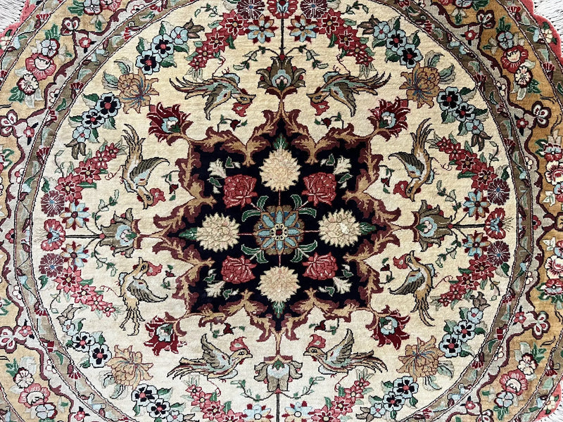 Silk Persian Tabriz Round Rug 3x3 ft, Very Fine Hand Knotted Carpet 380 KPSI, Cream & Gold, Bird Pictorials, Floral, Rare by Jewel Rugs