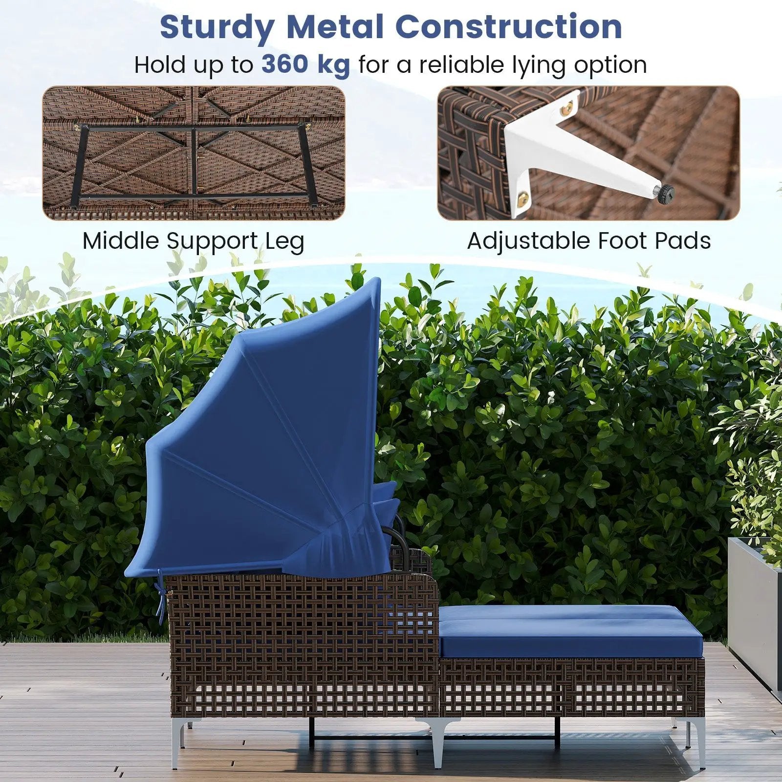Outdoor Daybed with Retractable Canopy PE Wicker Rattan Patio Lounger by DirectDeals