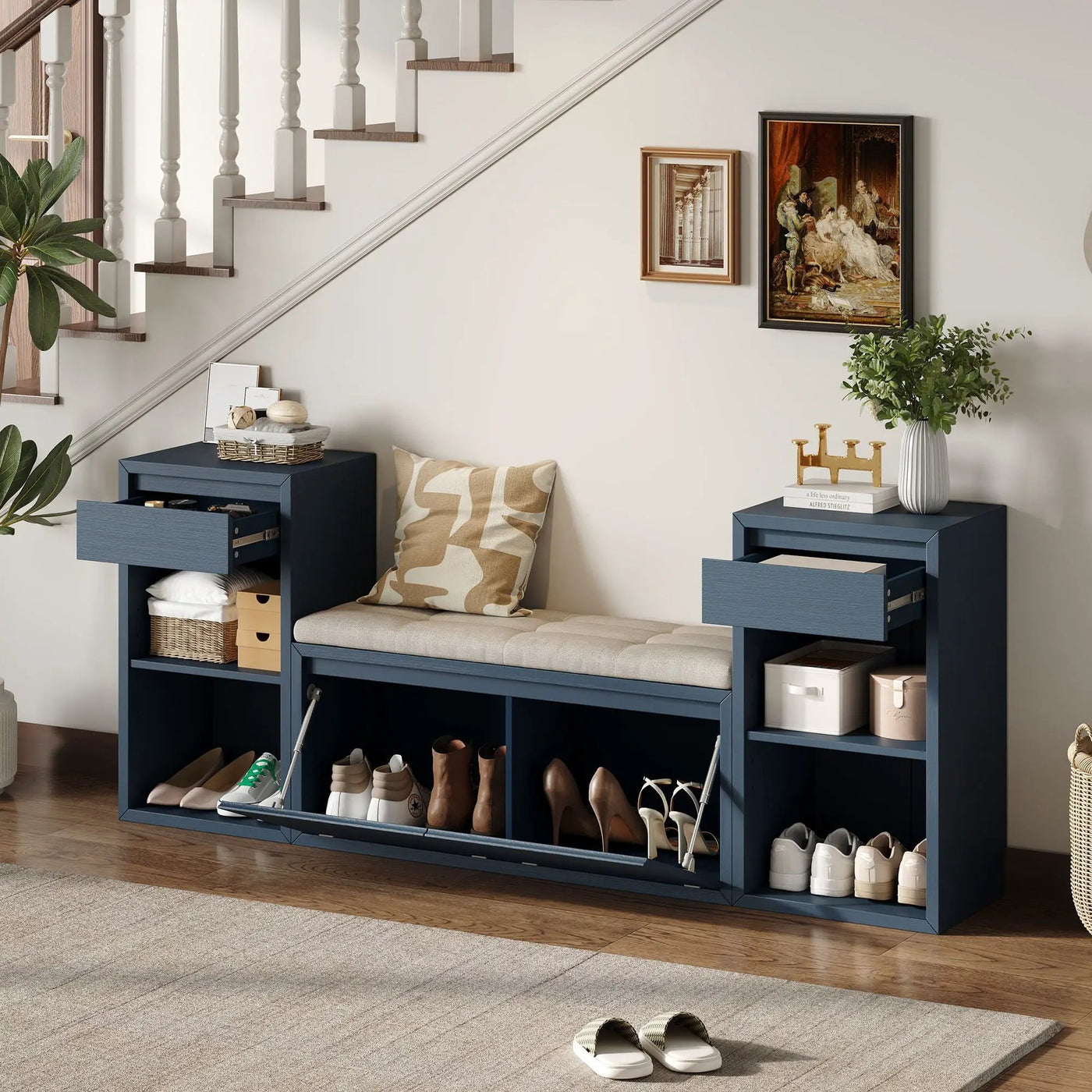 Entryway Storage Bench With Cushion, Drawers & Open Shelves by HouseOfZazla
