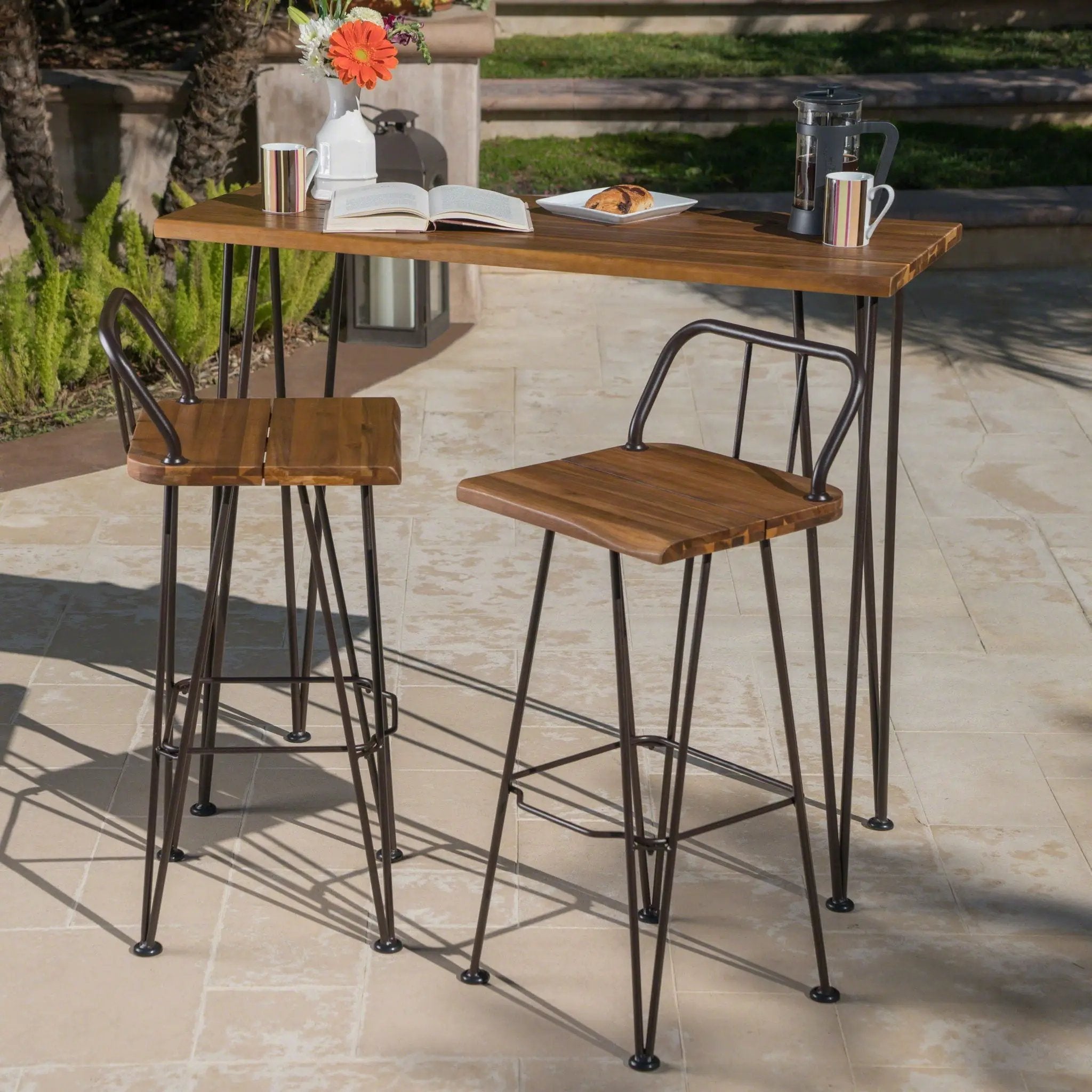 Dione Outdoor Industrial Acacia Wood Bar Set With Metal Frame And Slat Paneling - Brown by HouseOfZazla