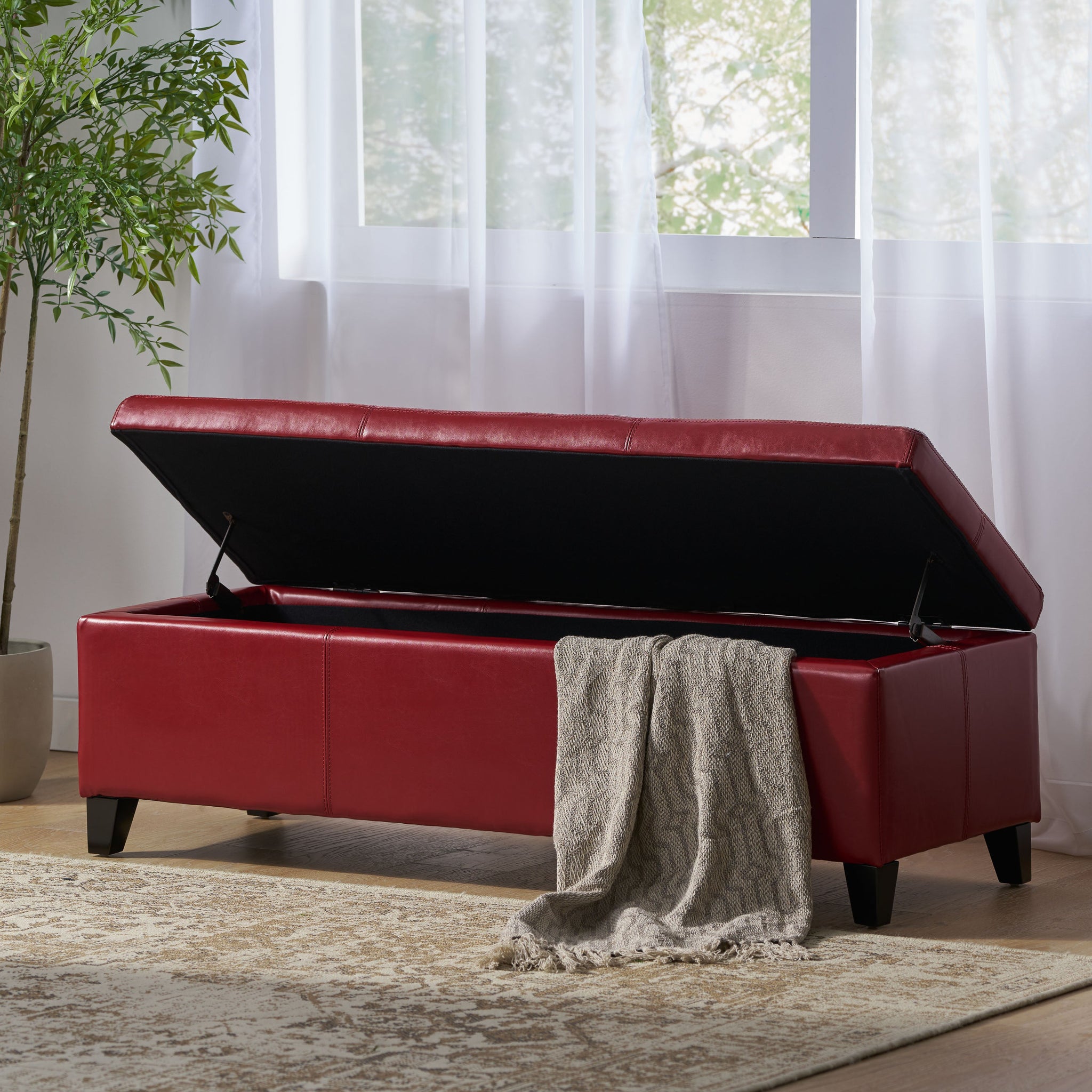 Upholstered PU Leather Storage Ottoman, Solid Wooden Legs by HouseOfZazla