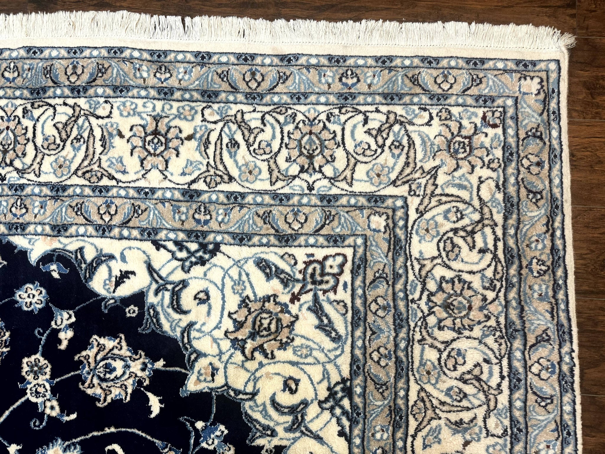 Persian Nain Rug 8x11, Navy Blue and Ivory, Handmade Wool Vintage Carpet, Floral Medallion by Jewel Rugs