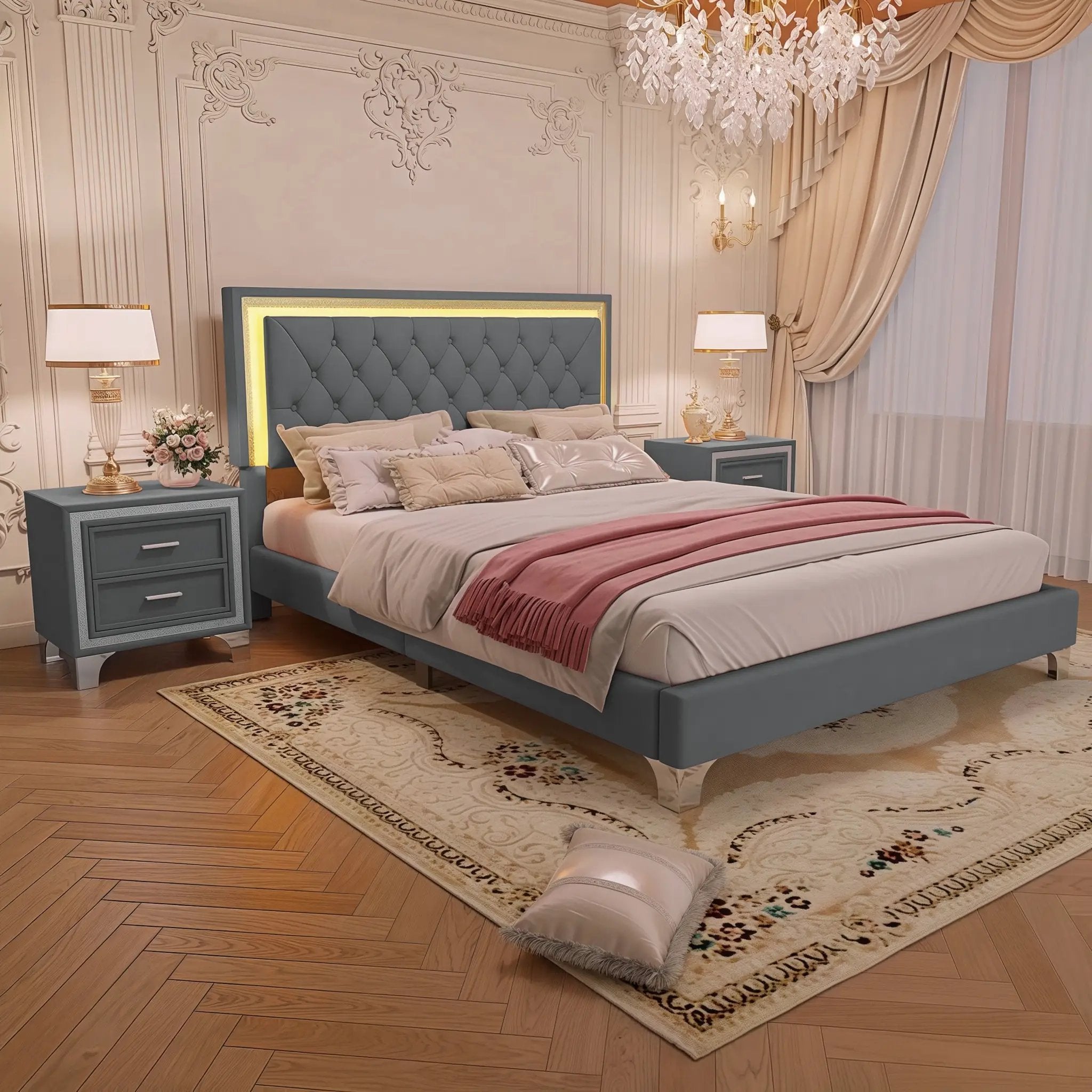 3-Pieces Bedroom Set, Queen Size Upholstered Platform Bed with LED Lights and Two Nightstands - Gray by HouseOfZazla