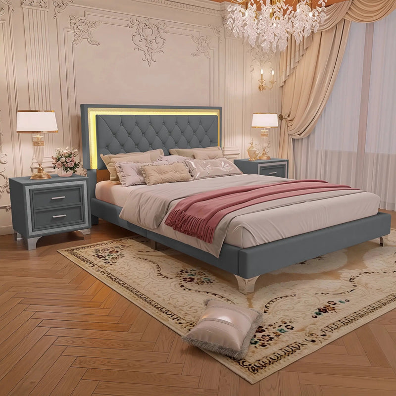 3-Pieces Bedroom Set, Queen Size Upholstered Platform Bed with LED Lights and Two Nightstands - Gray by HouseOfZazla