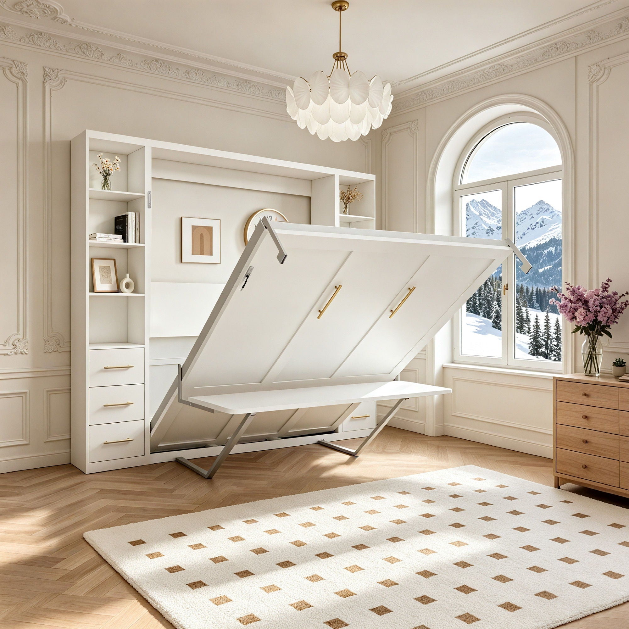 Queen Size Murphy Wall Bed With Side Storage Cabinets - White by HouseOfZazla