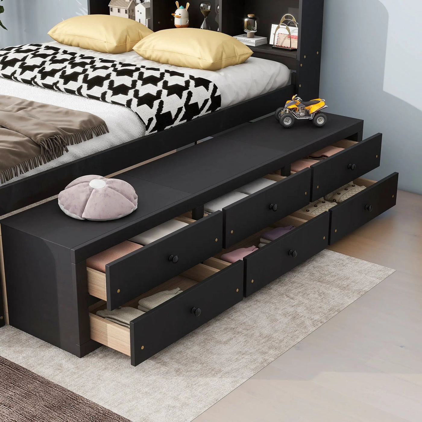 Bed With Bookcase Headboard, Under Bed Storage Drawers And Bed End Storage Case by Unique Piece Furniture
