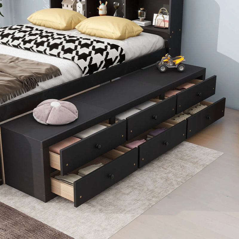 Bed With Bookcase Headboard, Under Bed Storage Drawers And Bed End Storage Case by Unique Piece Furniture
