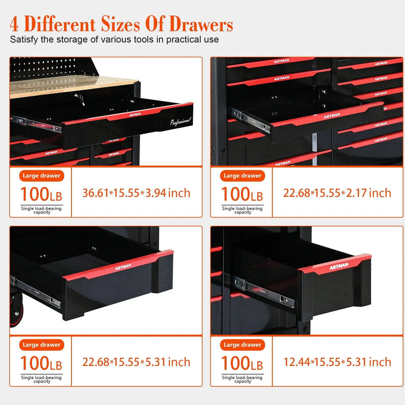 Heavy Duty Tool Cart With 19 Drawers, Tools Not Included, Mobile Storage For Workshop Or Laboratory - Black / Red by HouseOfZazla