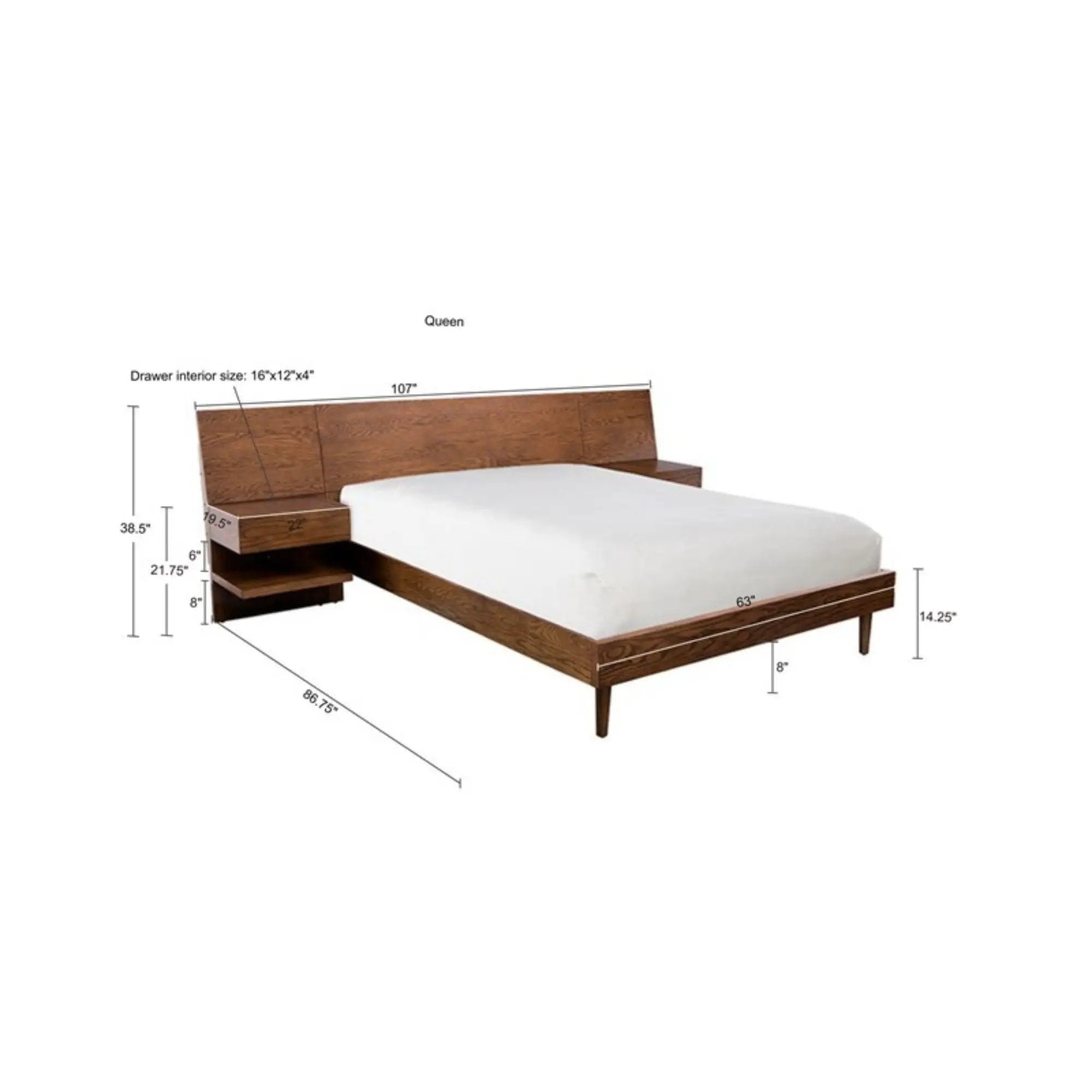 Queen Size Bed With Attached Nightstands And Hidden Storage - Pecan by HouseOfZazla