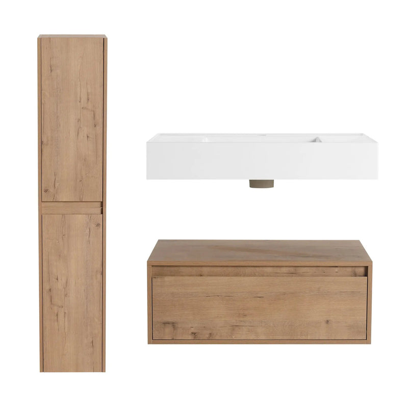 Modern Wall Mounted 30 Inch Bathroom Vanity With Resin Sink And 2 Side Cabinet In Imitative - Imitative Oak by Unique Piece Furniture