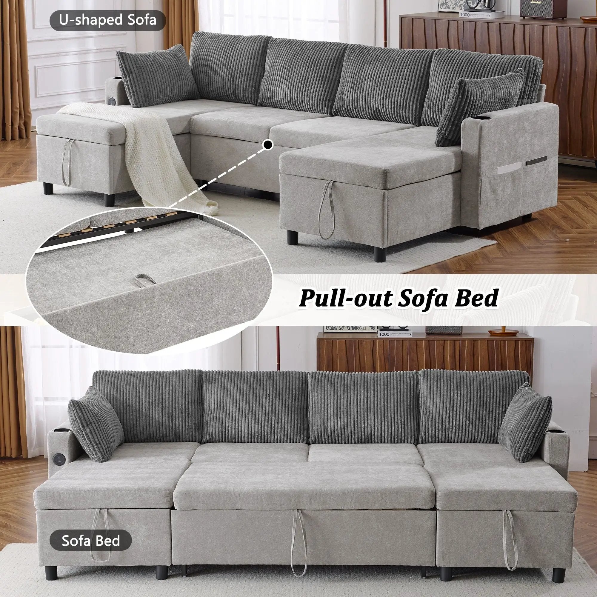 Sectional Sofa Bed With Pull Out Sleeper, USB Ports, Cup Holders by HouseOfZazla