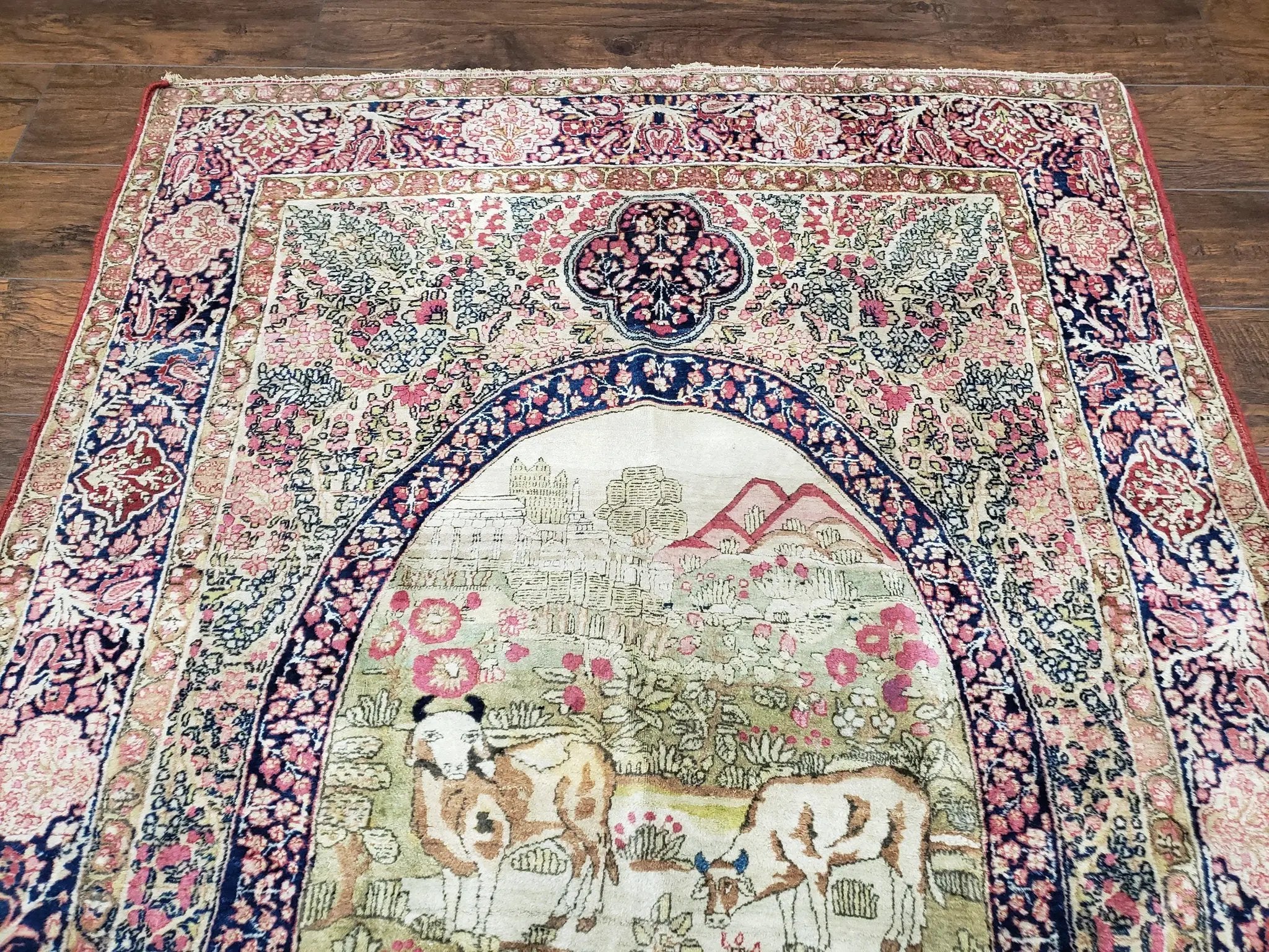 Antique Persian Kerman Lavar Rug 4.4 x 7.5, Highly Collectible Rare, 1880s Rug, Millefleurs, Cows, Wool Hand Knotted, Pictorial by Jewel Rugs