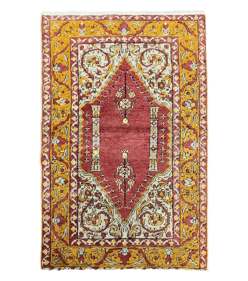 Antique Turkish Prayer Rug 3x5, Hand Knotted Turkish Melas Oushak Wool Carpet, Mehrab Rug, Orange & Red Vintage Rug 3 x 5 Collectible by Jewel Rugs
