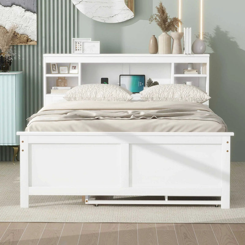 Platform Bed With Storage Headboard, USB, Trundle And 3 Drawers