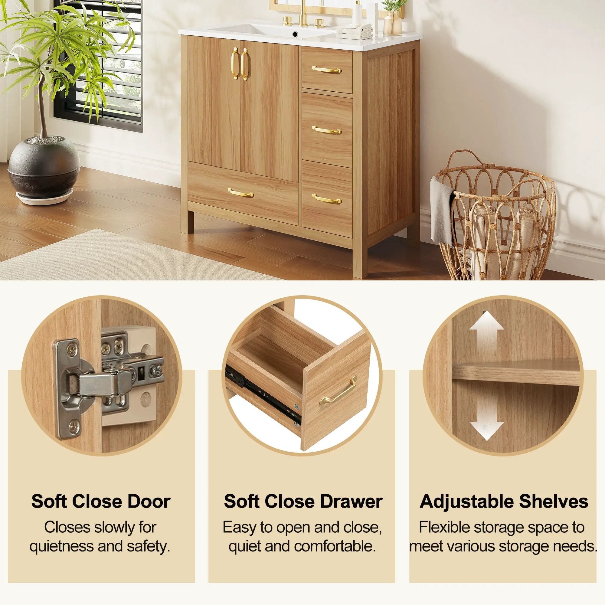 36" Bathroom Vanity, 2 Soft Close Doors, 4 Soft Close Drawers, Adjustable Shelf, Storage Cabinet - Acacia Wood by HouseOfZazla