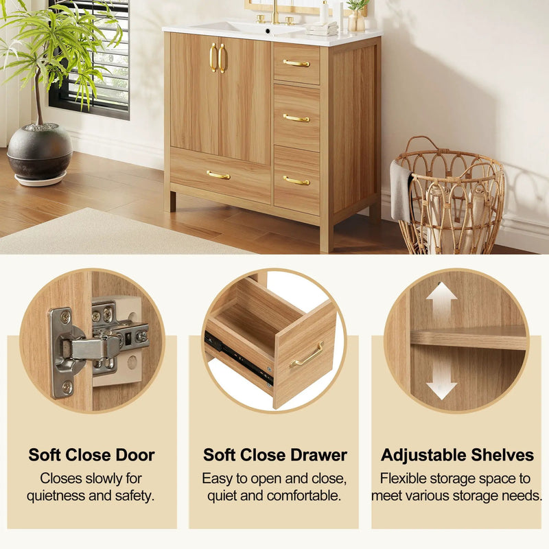 36" Bathroom Vanity, 2 Soft Close Doors, 4 Soft Close Drawers, Adjustable Shelf, Storage Cabinet - Acacia Wood by HouseOfZazla