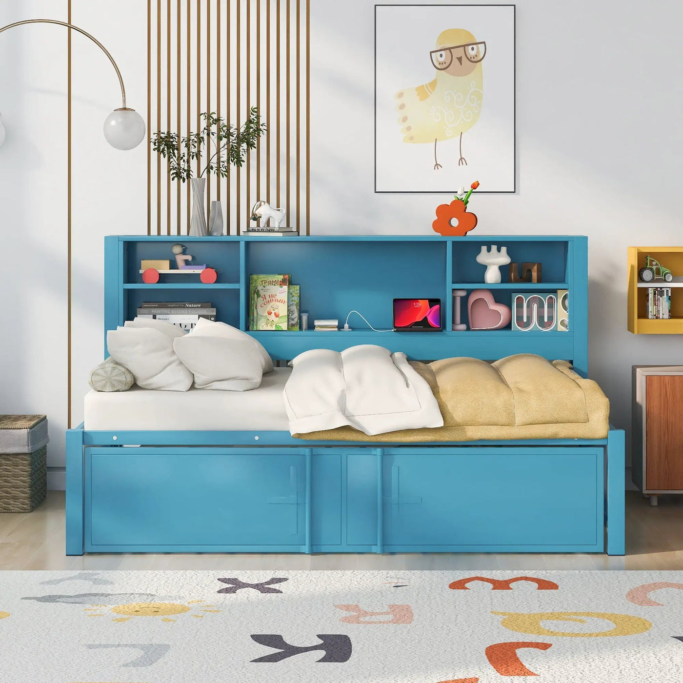 Industrial Metal Daybed With Trundle, Storage Shelves, USB Ports by Unique Piece Furniture