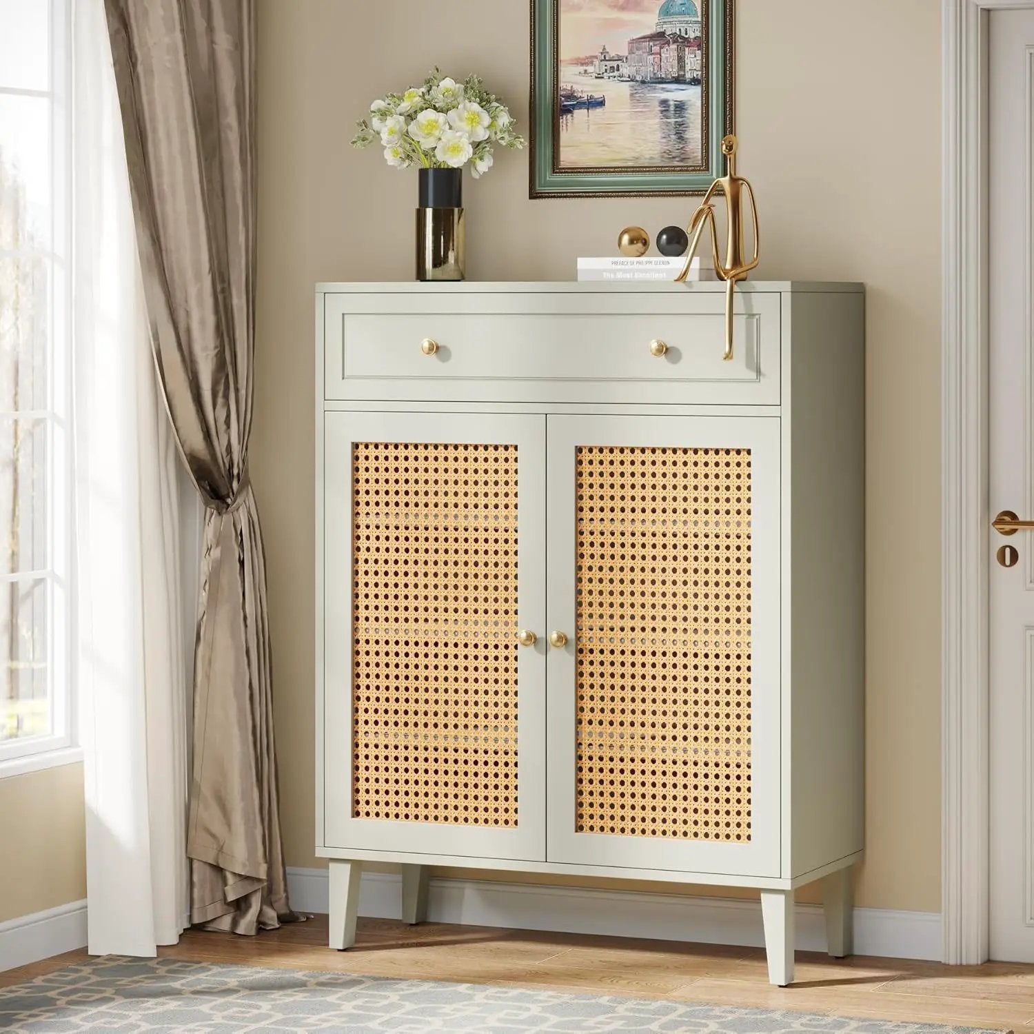 Shoe Cabinet With Rattan Doors And Drawer, 4 Tier Storage Organizer - Mint Green by HouseOfZazla
