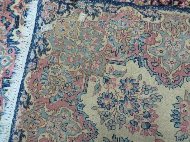 Antique Persian Kirman Rug 3.9 x 6.6, Floral Oriental Carpet, Ivory/Cream - Blue - Pink, Hand Knotted Wool Rug, Floral Medallion Rug 4x6 by Jewel Rugs