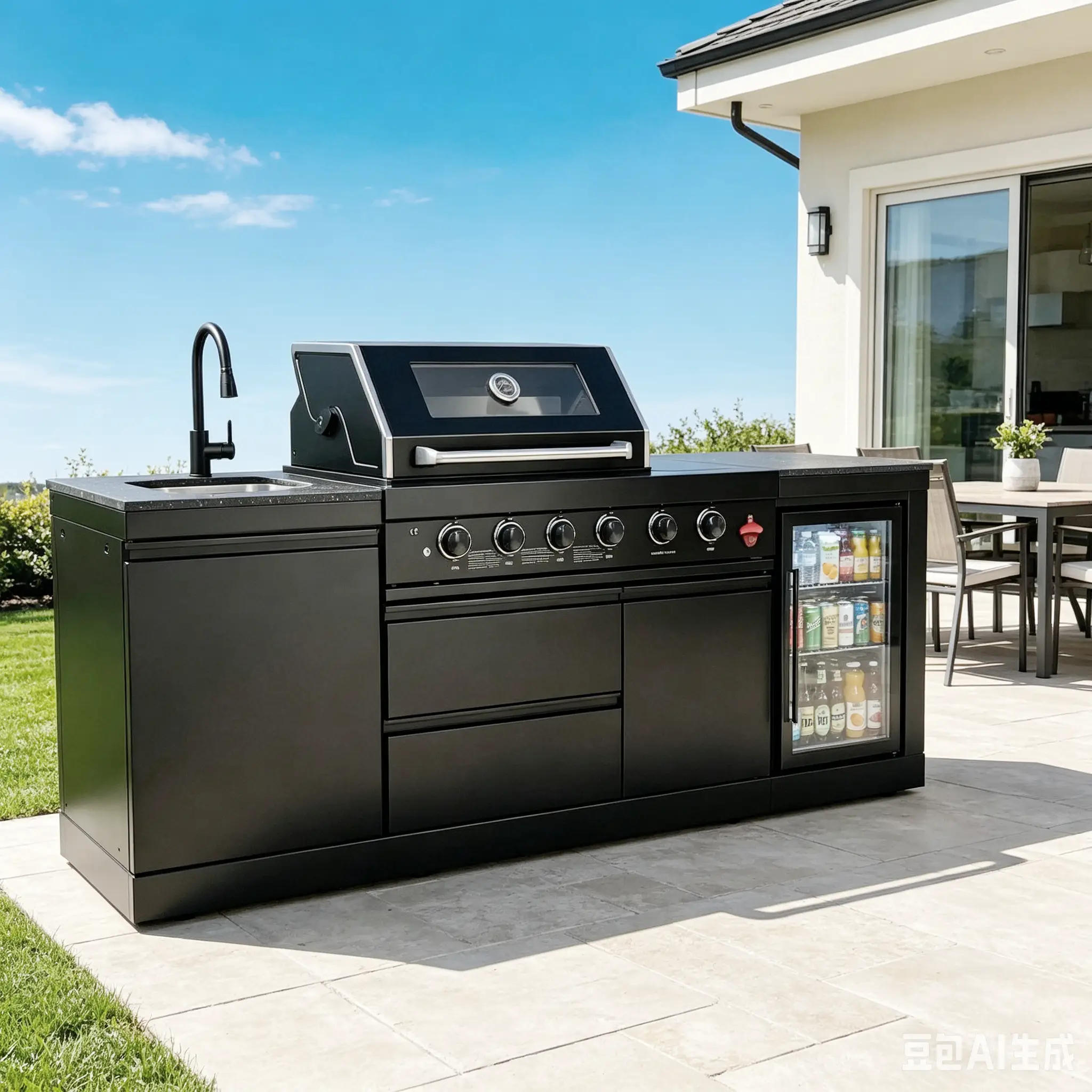 85" 4-Burner 72000 BTU Black Outdoor Kitchen Island Grill with Compact Refrigerator Marble Countertops Sink by Chery Industrial