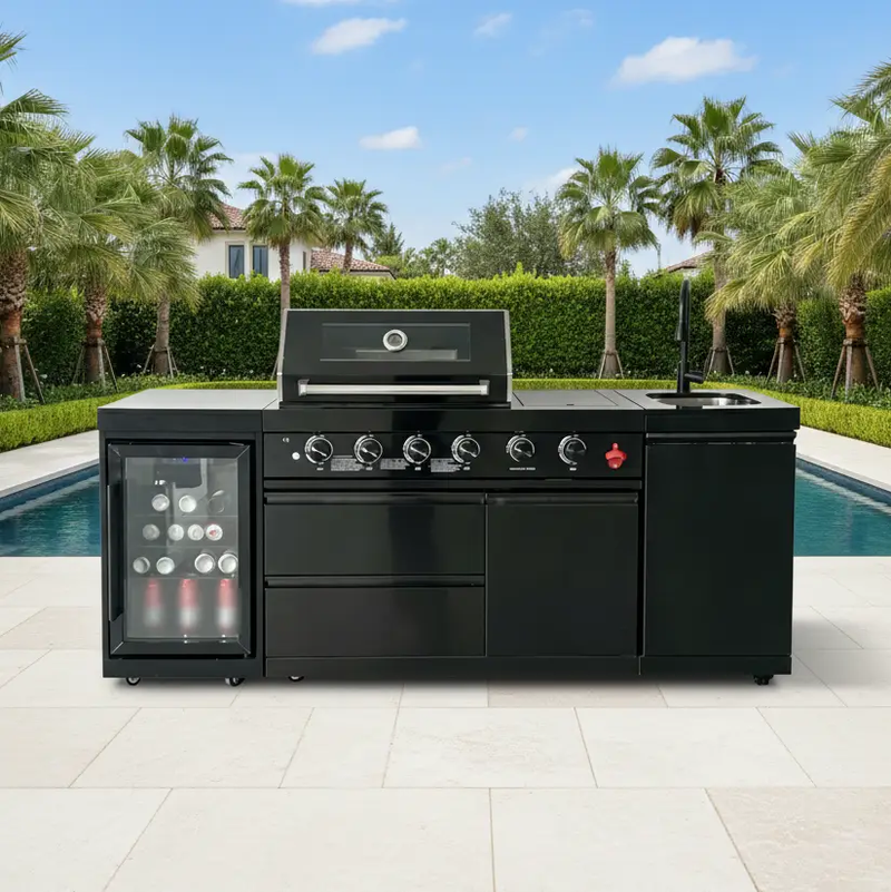 85" 4-Burner 72000 BTU Black Outdoor Kitchen Island Grill with Compact Refrigerator Marble Countertops Sink by Chery Industrial