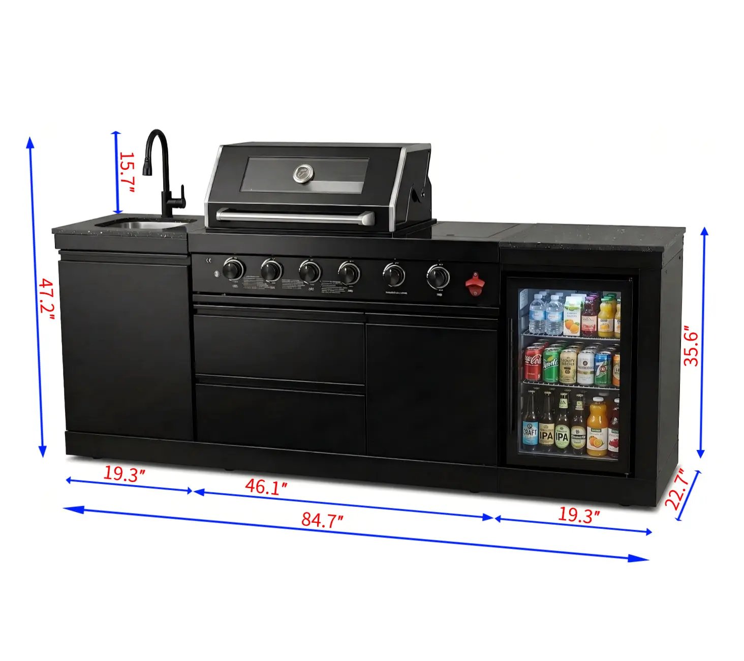 85" 4-Burner 72000 BTU Black Outdoor Kitchen Island Grill with Compact Refrigerator Marble Countertops Sink by Chery Industrial