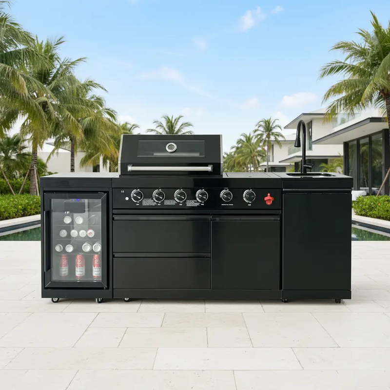 85" 4-Burner 72000 BTU Black Outdoor Kitchen Island Grill with Compact Refrigerator Marble Countertops Sink by Chery Industrial