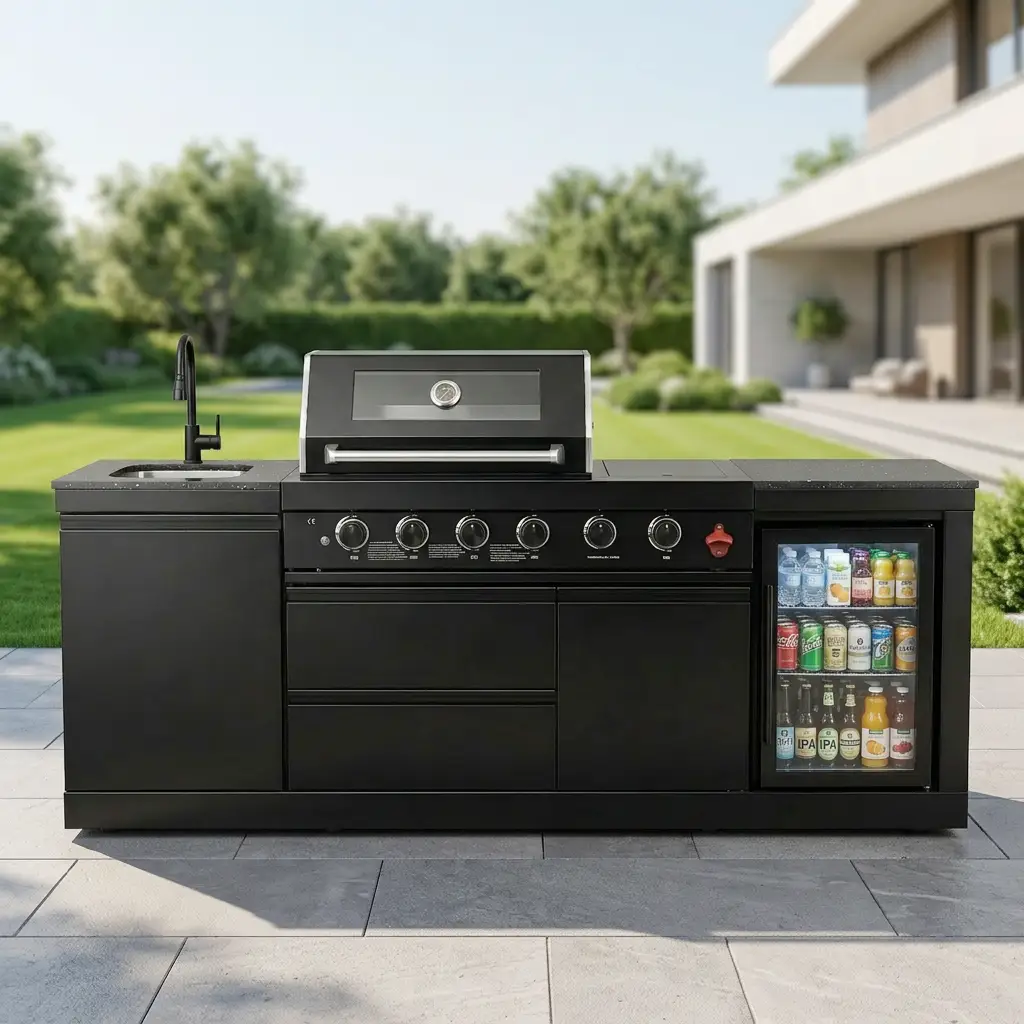 85" 4-Burner 72000 BTU Black Outdoor Kitchen Island Grill with Compact Refrigerator Marble Countertops Sink by Chery Industrial