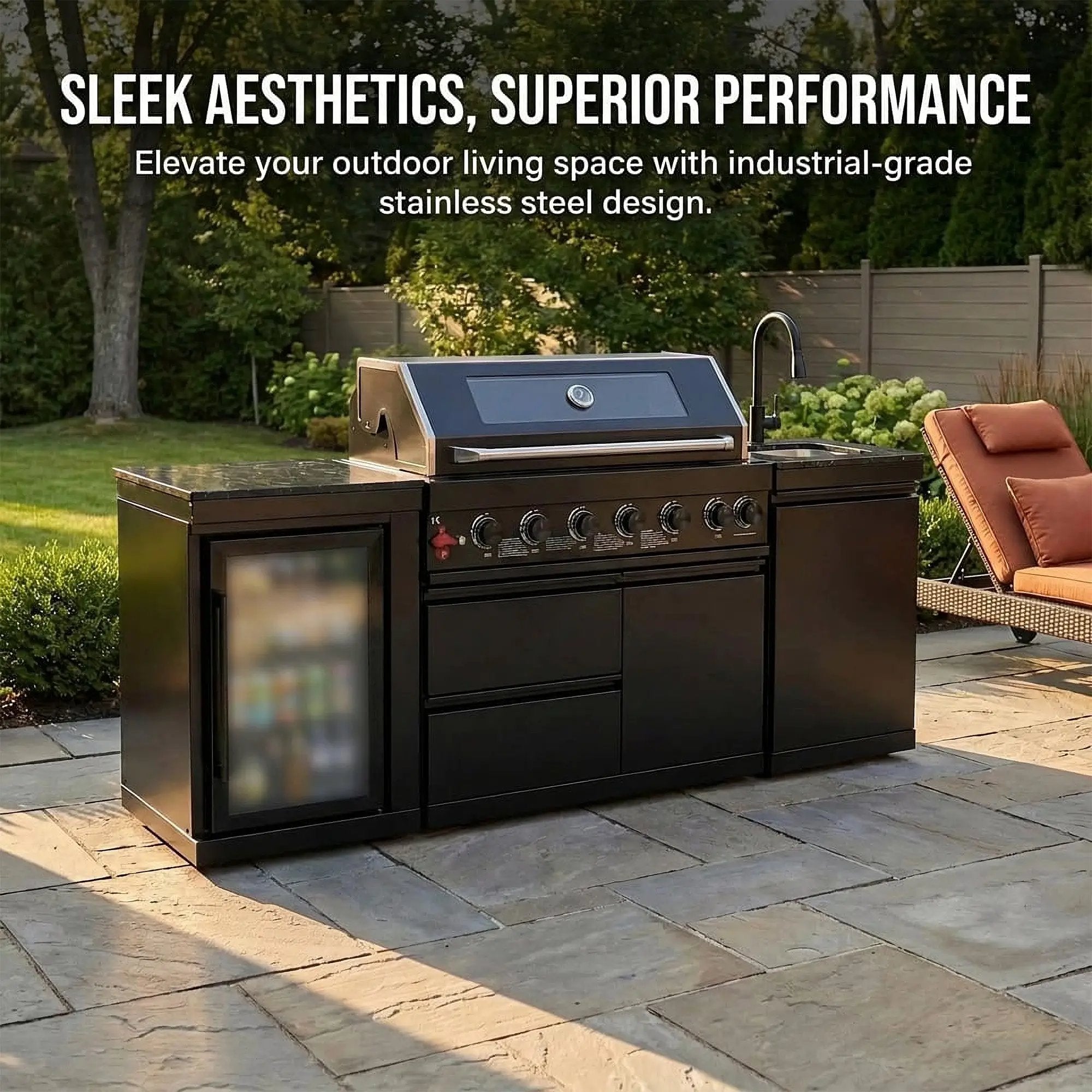 82" 6-Burner 85,000 BTU Gas Outdoor Kitchen Island Grill Stainless Steel Sink Wine Cooler by Chery Industrial