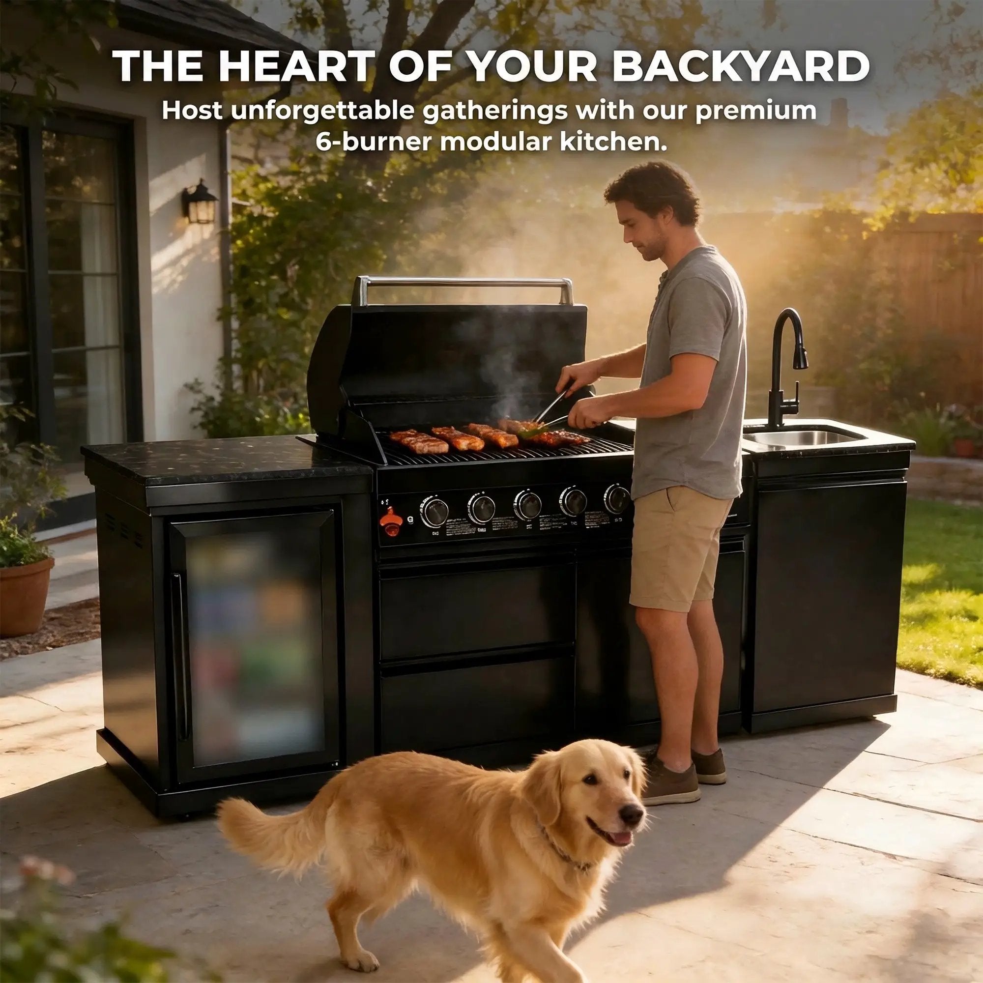 82" 6-Burner 85,000 BTU Gas Outdoor Kitchen Island Grill Stainless Steel Sink Wine Cooler by Chery Industrial