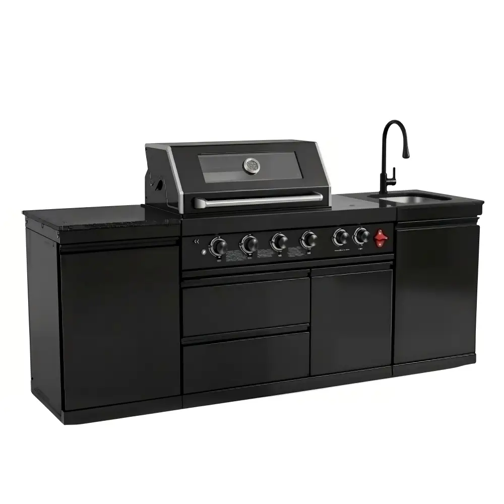 85" 4-Burner 85,000 BTU Black Outdoor Kitchen Island Grill + Storage Cabinets + Sink by Chery Industrial