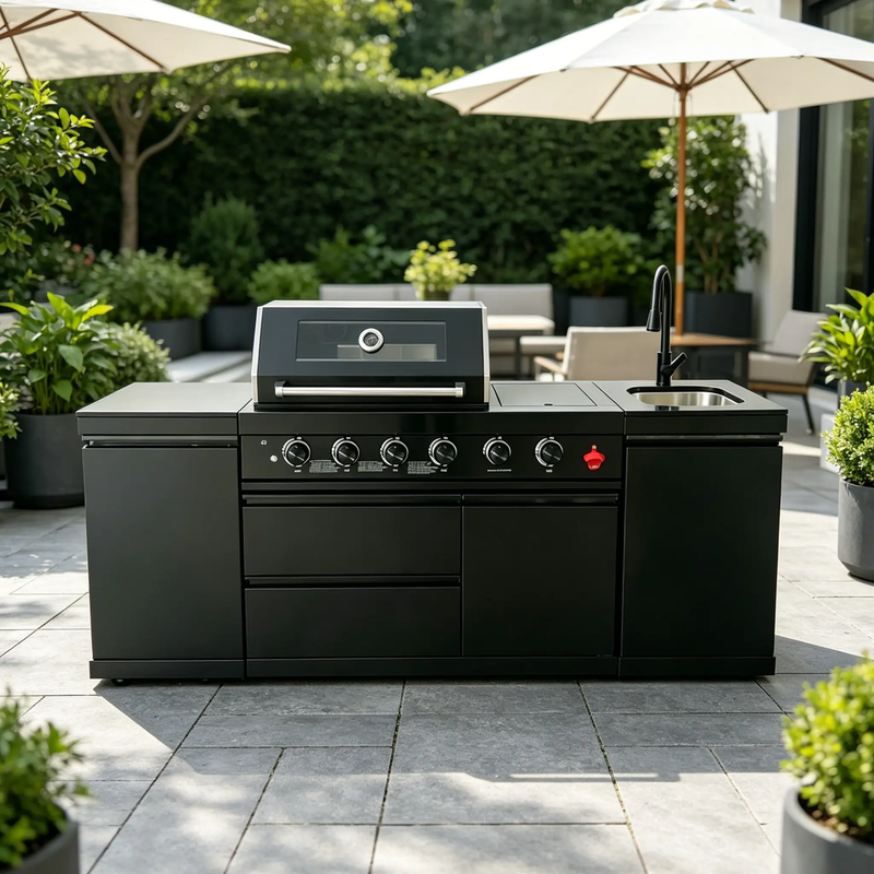 85" 4-Burner 85,000 BTU Black Outdoor Kitchen Island Grill + Storage Cabinets + Sink by Chery Industrial