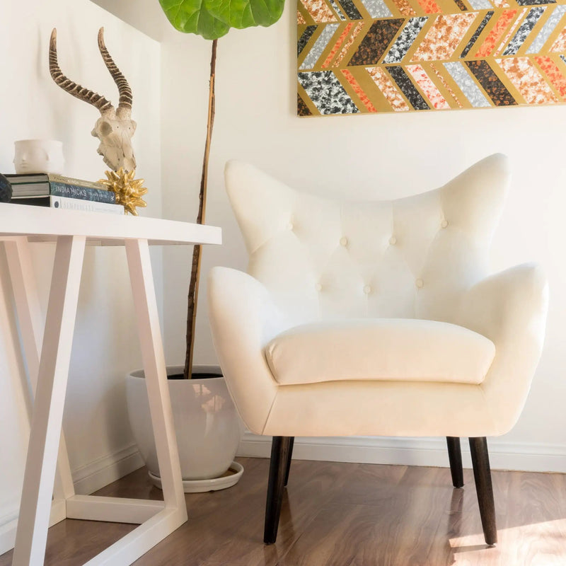Style Velvet Arm Chair With Wingback And Flared Arms - Ivory by HouseOfZazla
