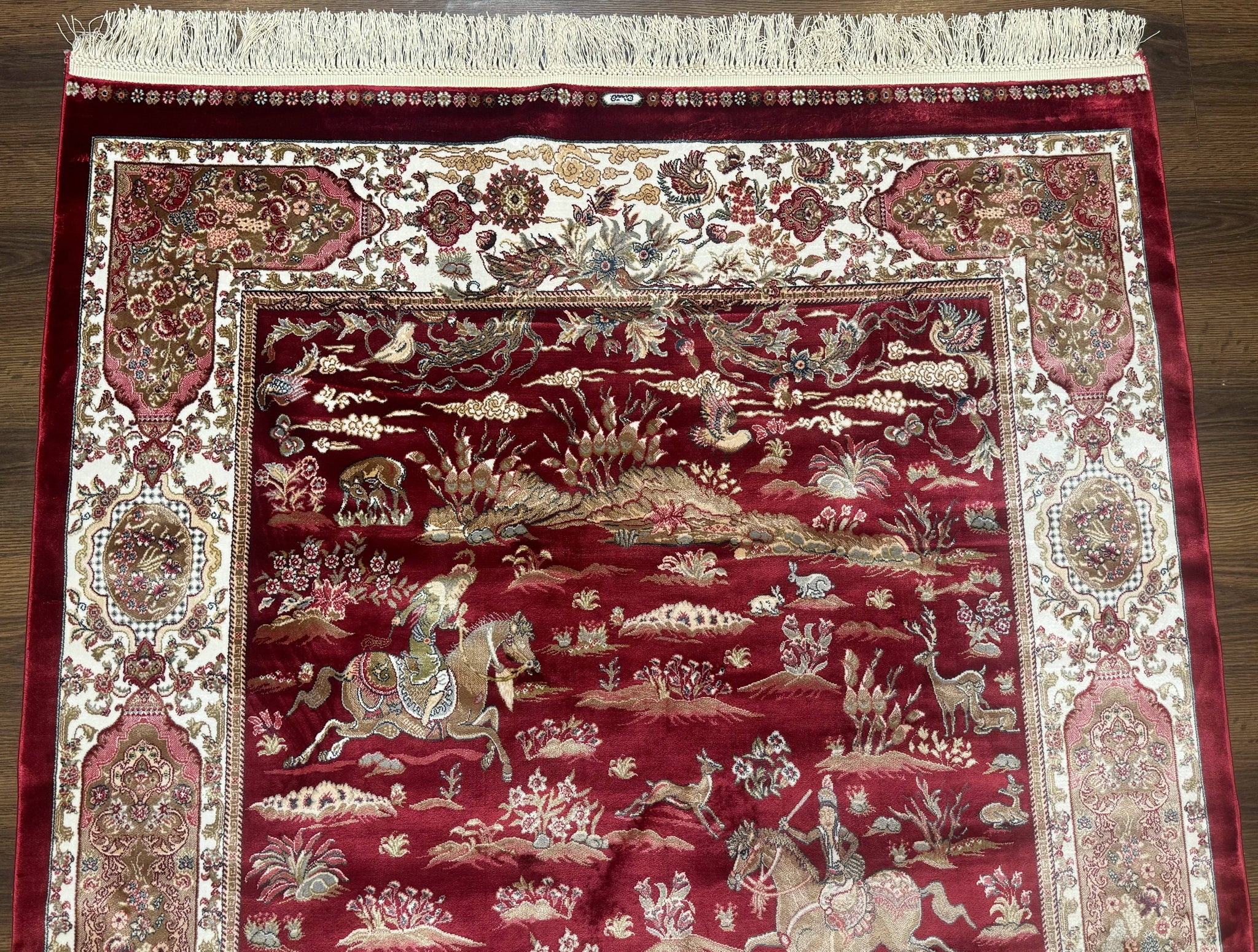 Turkish Silk Hunting Design Rug 4x6, Dark Red & Ivory, Bamboo Silk, New by Jewel Rugs