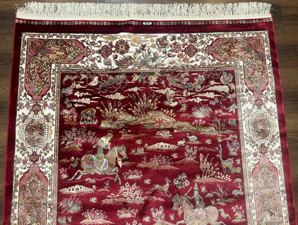 Turkish Silk Hunting Design Rug 4x6, Dark Red & Ivory, Bamboo Silk, New, photo 2 of 11
