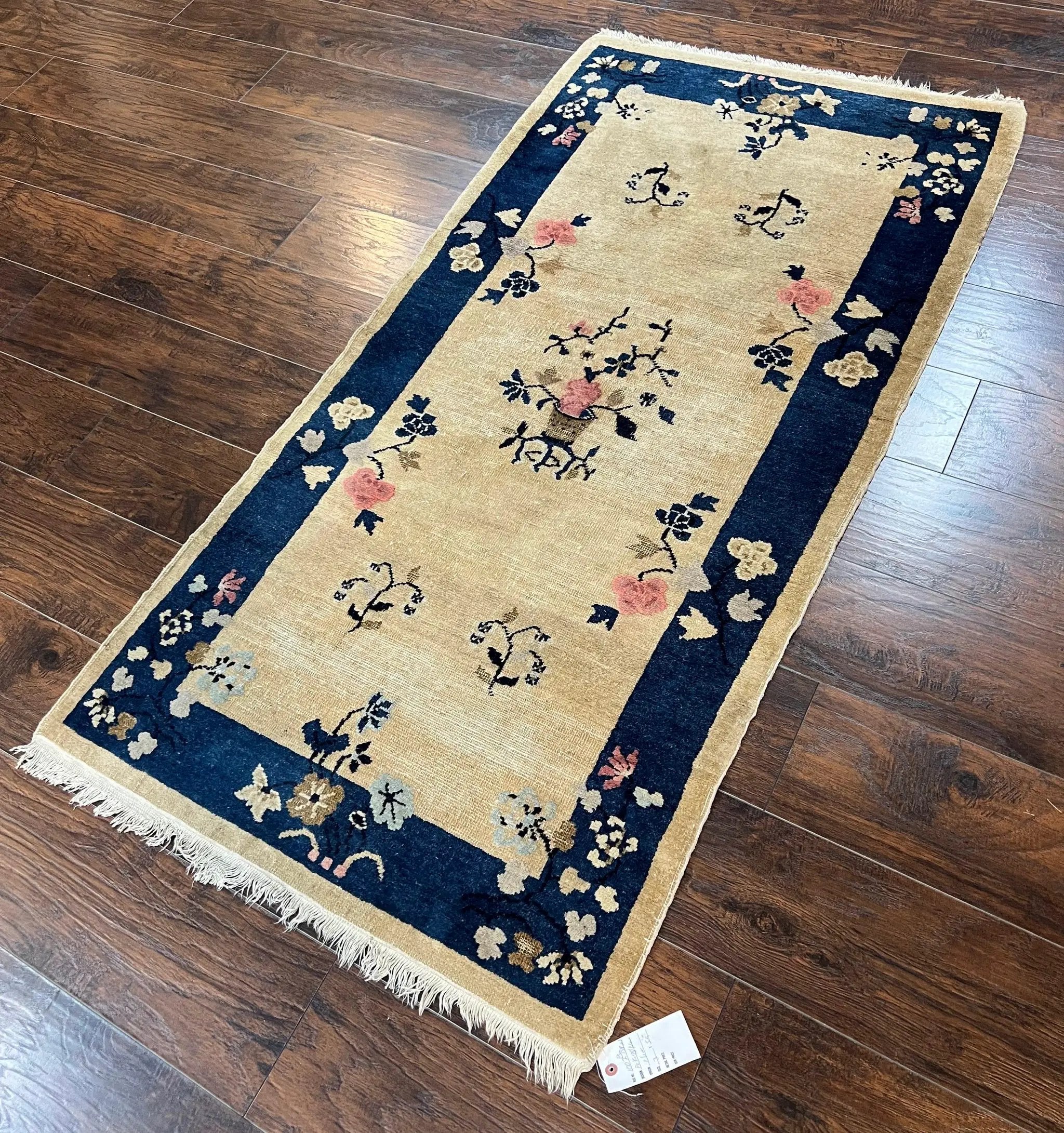 Antique Chinese Peking Rug 3x6, Beige and Dark Blue Hand Knotted Handmade Asian Oriental Carpet, Floral Vases, Vintage Wool Art Deco Rug by Jewel Rugs